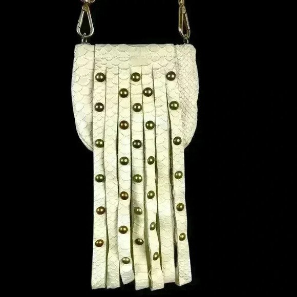 Furla Boho Chic White Leather Snakeskin Fringed Studded Crossbody Purse GlamRock - Picture 5 of 16